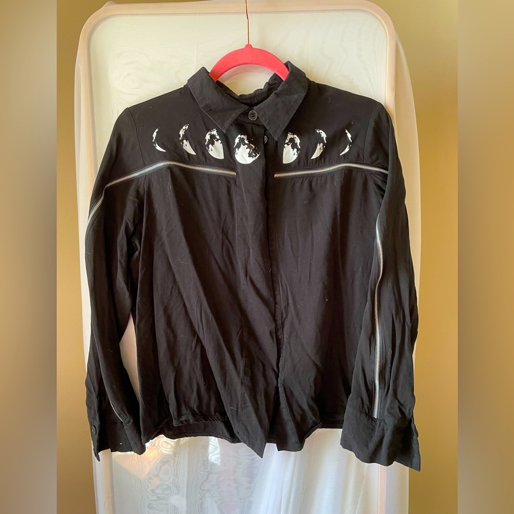 Re:Style Black Long Sleeve Button Down with Moon Print and Zipper Detail